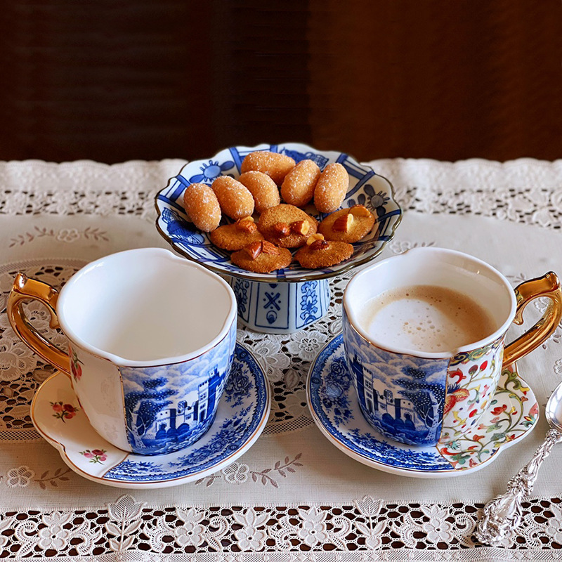 青花出口英国下午茶套杯咖啡杯茶杯中西合璧不规则陶瓷杯欧式餐具