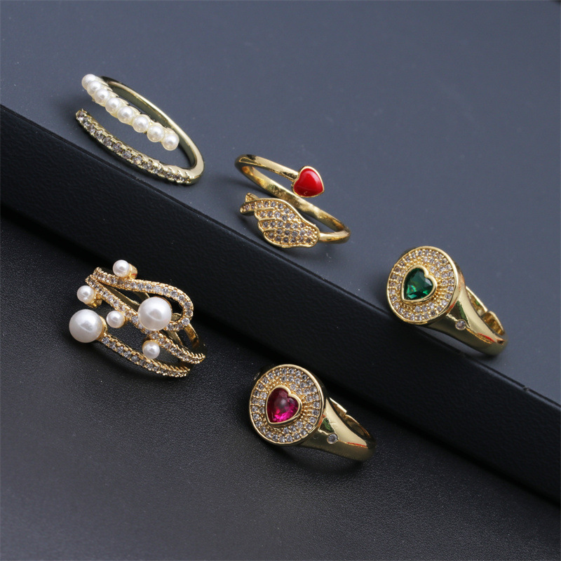Cross-border European and American copper 18K gold micro-inlaid zircon geometric love opening ring Women's pearl flower ring ins Net Red