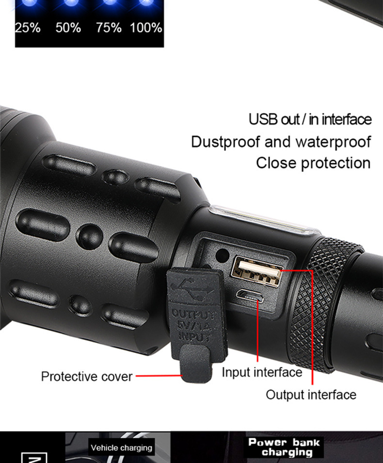跨境XHP70+COB红白光强光手电筒 变焦P70手电筒 USB充电手电筒详情14
