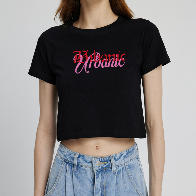 Cross-border Europe and the United States Southeast Asia High Waist Navel Short Short-sleeved T-shirt Women's 2024 Summer New Slim-fit Printed Top Cotton T