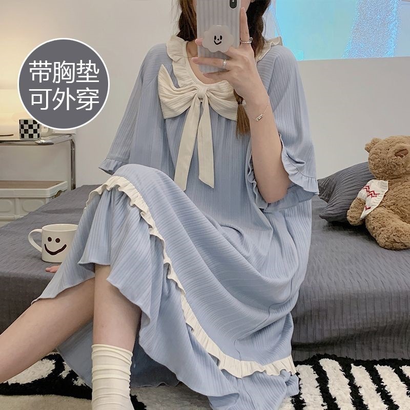 胸パッド付きネグリジェ、半袖ゆったり学生パジャマ、女性夏年齢軽減プリンセス風春秋寮ミドル丈、屋外で着用可能|undefined