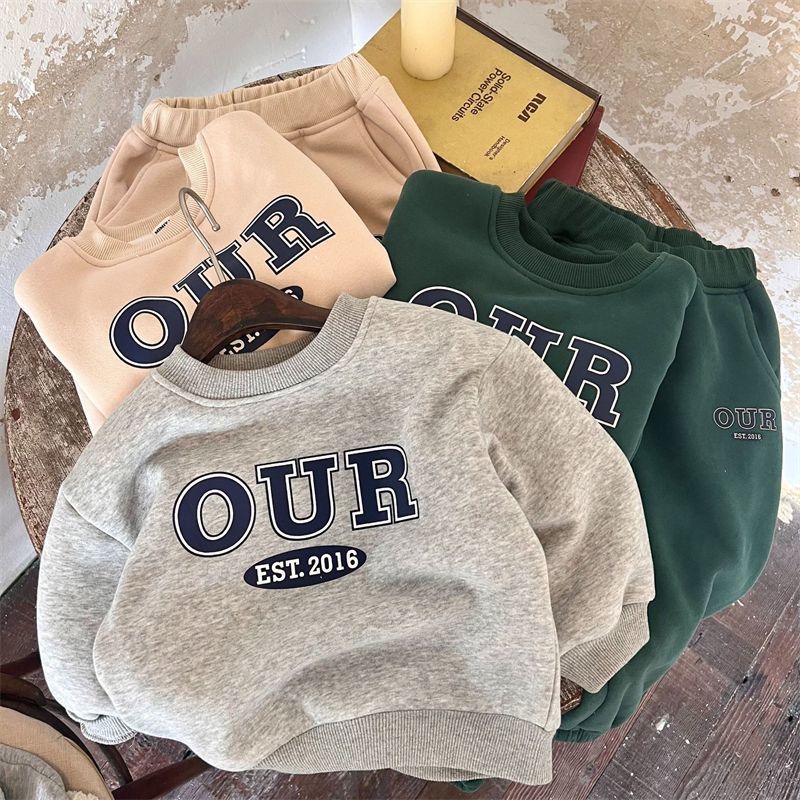 Kid's Clothing Spring And Autumn And Winter Boys And Girls Printed Letters Warm Tide Treasure Plus Velvet Thickened Our Sweatshirt Suit_voghion.com