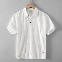 夏季男士休闲亚麻衬衫短袖宽松薄款纯色中国风翻领棉麻衬衣男上衣