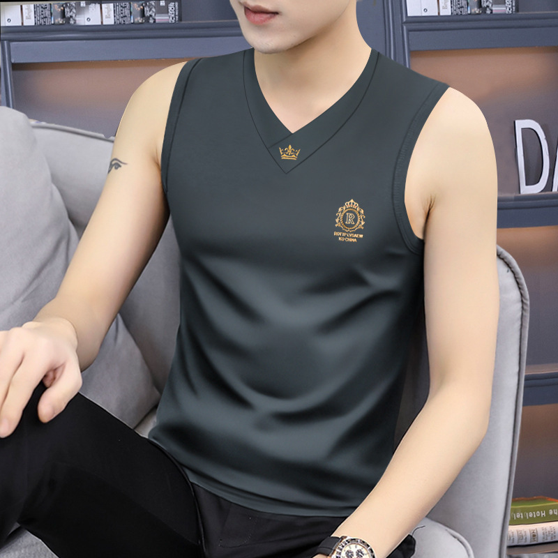 Summer New Style Big V Wide Shoulder Men's Vest Sleeveless T-Shirt Slim Sports Running Vest Classy Vest Thin Style