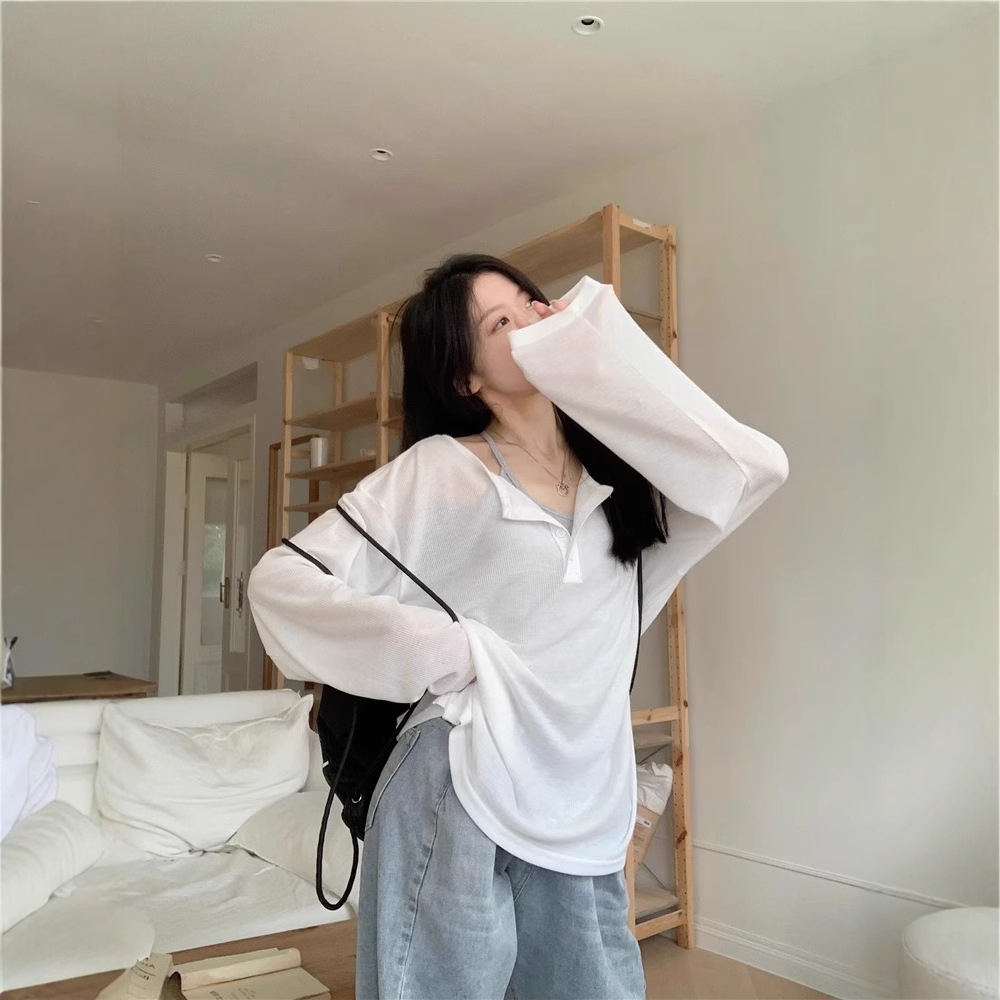 게으른 스타일 회색 버튼 긴팔 얇은 티셔츠 여성의 새로운 여름 느슨한 선 스크린 블라우스 춤 내부 탑