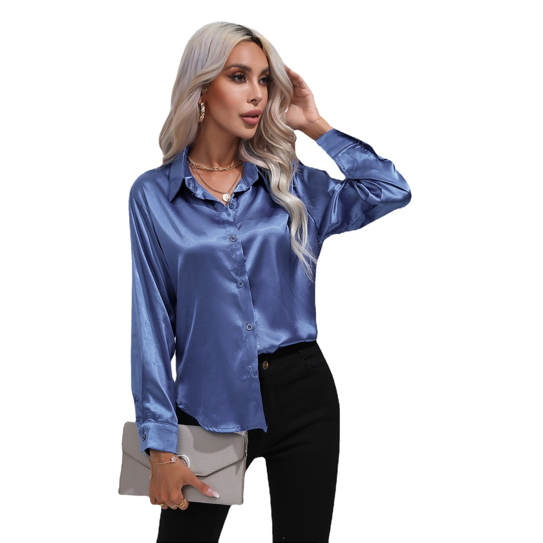 Explosions Real Shot Satin Shirt Women's Satin Silk Long Sleeve Shirt Spring and Summer New European and American Cross-border Women's Clothing