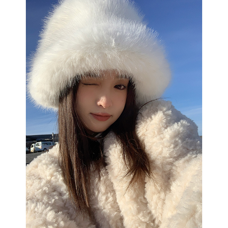 Nachahmung Fuchspelz Gras Kinder Herbst und Winter Plüsch Fischerhut Weiß Advanced Face Show Kleines warmes Ohr_voghion.com