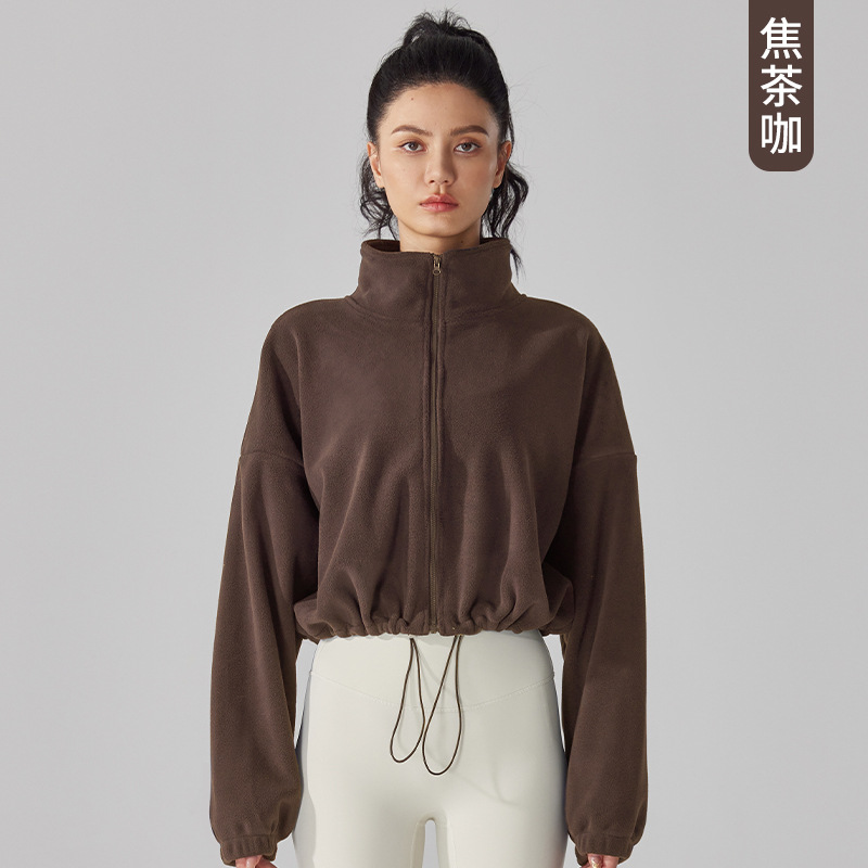 Chaqueta deportiva de cachemira europea y americana para mujer Otoño e Invierno forrada de lana engrosada cuello alto chaqueta de lana fitness casual polar top