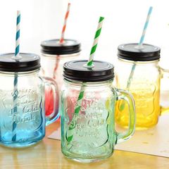 雄鶏カップメイソンカップジュースカップ家庭用ストロー付き透明カップ子供夏ガラスカップ取っ手エンバクカップ