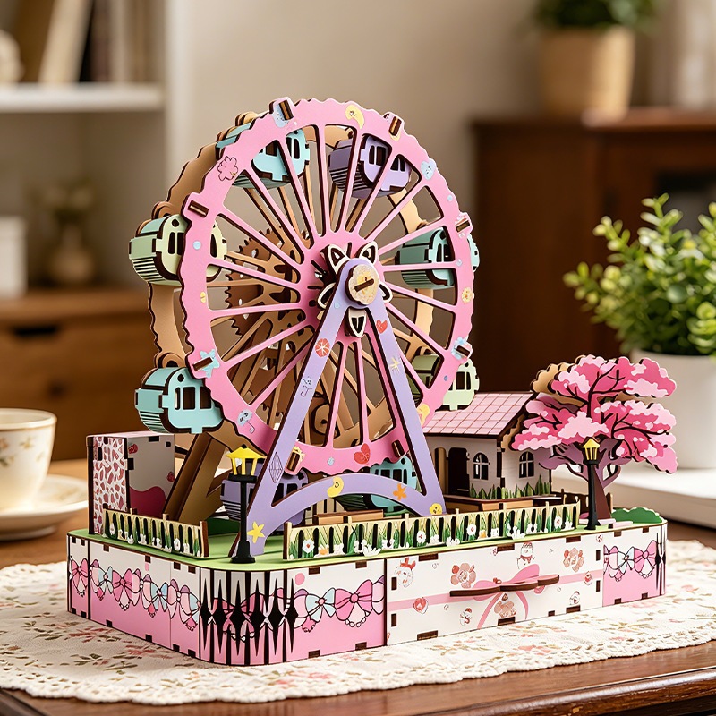 Wooden three dimensional brainteaser, constructor, Ferris wheel, rotating music box, materials set, DIY