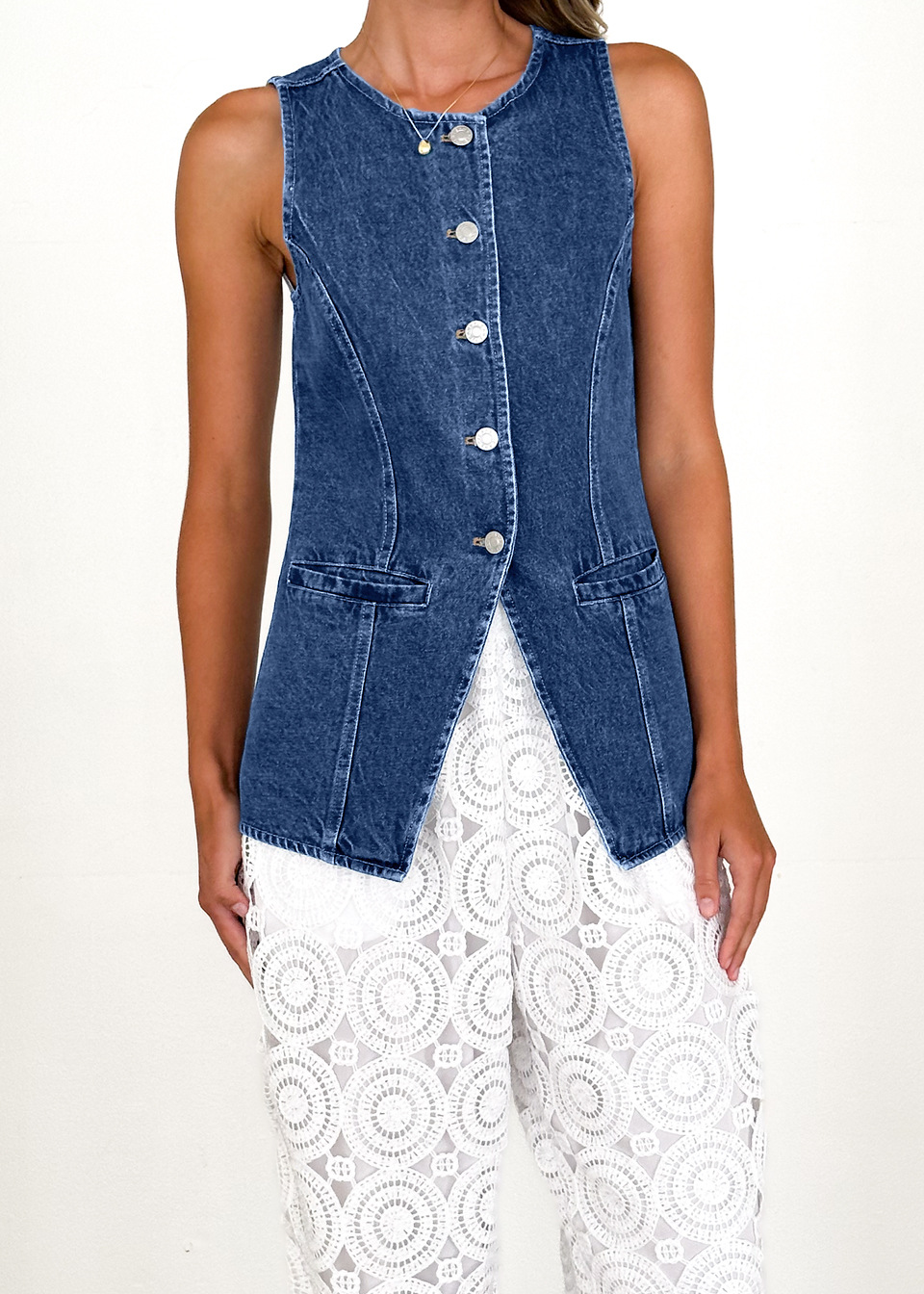 Amazon Independent Station Cross-border nueva moda retro europea y americana cuello redondo sin mangas cintura chaqueta de mezclilla chaleco damas image 7