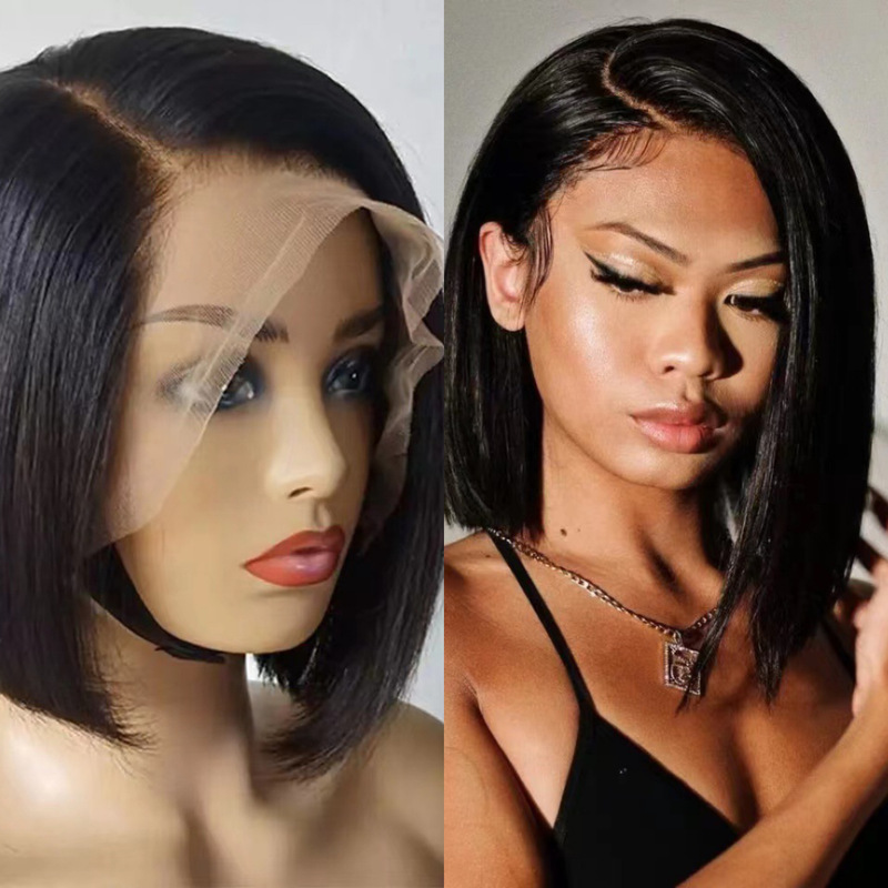 Cross-Border Bob Front Lace Wig Synthetic Fiber Short Straight Bob Hairstyle for Women Daily High Temperature Fiber Wig