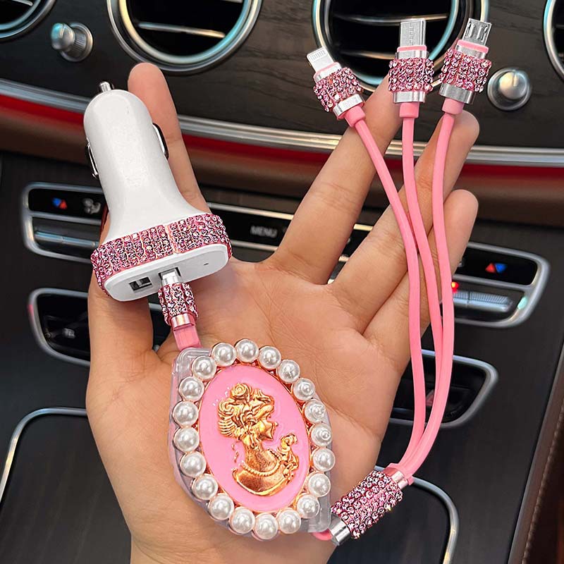 Diamond-encrusted data cable three-in-one car charging cable multifunctional retractable portable storage three-port tpyec charging