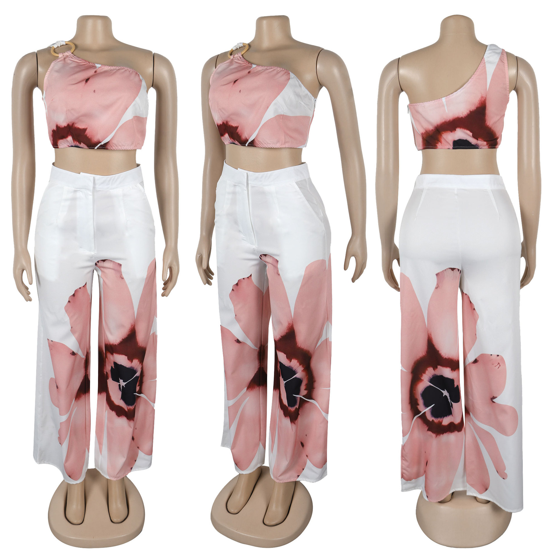 Ensemble deux pièces pantalon large coupe slim à une épaule imprimé pour femme_voghion.com