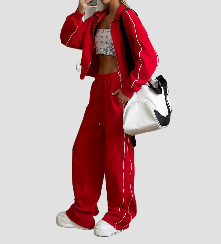 Cross-Border Casual Fashion European And American Style Women's Zipper Cardigan Jacket Sports Drawstring Pants_ecoleips.com