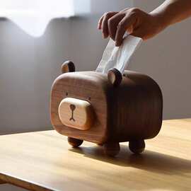 创意黑胡桃实木多功能可爱小熊纸巾盒带牙签盒木制家用抽纸盒