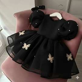 黑色周岁礼服女童泡泡袖珍珠立体蝴蝶蓬蓬裙生日婚礼花童连衣裙