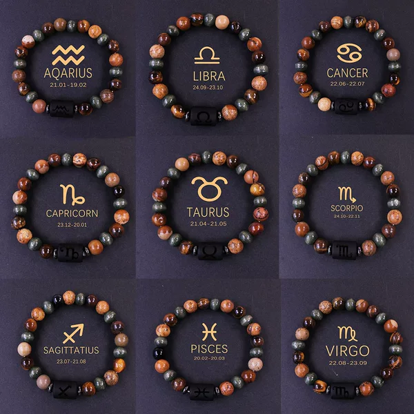 12 Zodiac Sign Bracelets Cross-Border Jewelry Accessories Capricorn Taurus Tiger Eye Stone Natural Stone Twelve Zodiac Sign Bracelets