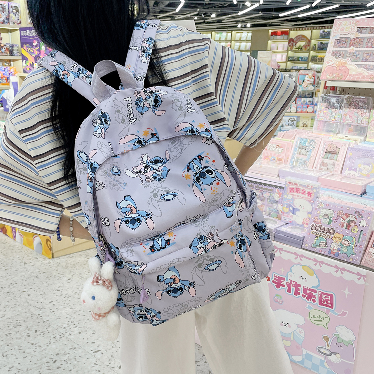 Cross-Border Backpack, New Style with Stitch Print, Trendy, Large Capacity, Lightweight for Daily Travel, Casual Student School Bag