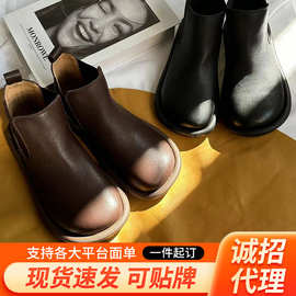铂帝思 真皮女短靴头层牛皮复古文艺百搭烟筒靴时尚切尔西女靴子