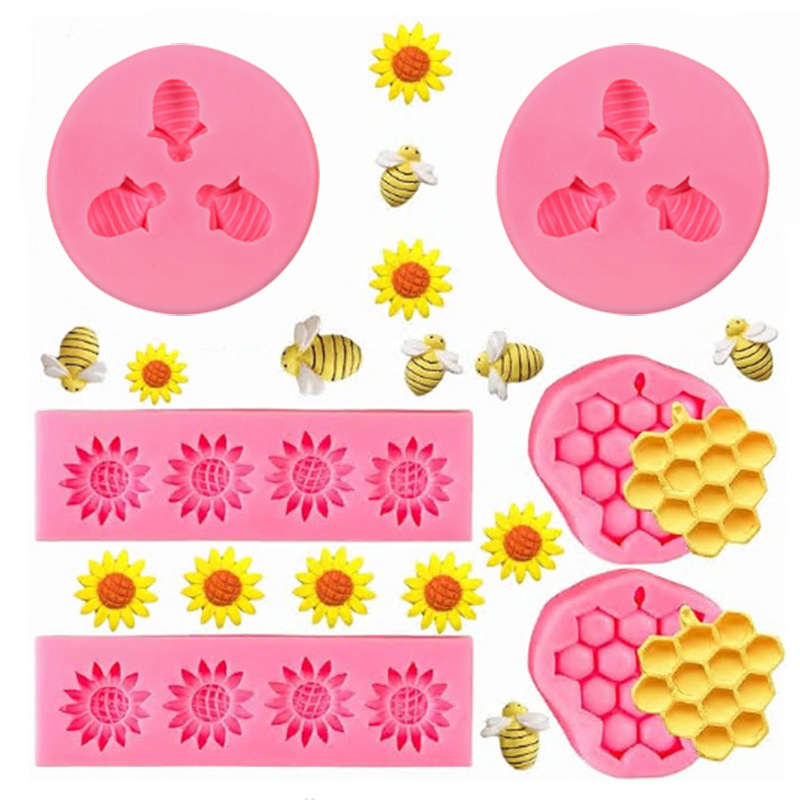 3 Bees Honeycomb 4 Sunflower DIY Chocolate Cake Silicone Mold Decoration Baking Tool Set