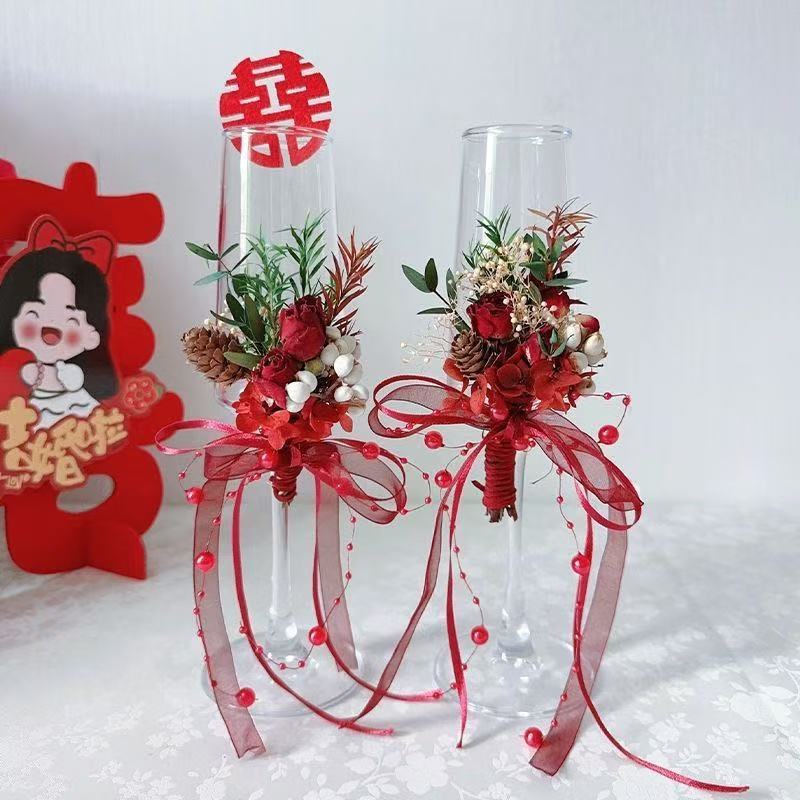 订婚新娘高脚香槟杯花花艺装饰新人结婚敬酒杯敬茶杯仪式感装饰花|undefined
