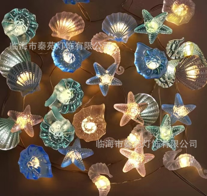 Serie de accesorios solares cruzados, cadena de luces, tema náutico, caballito de mar, concha de caracol, estrella de mar, cadena de luz decorativa verde