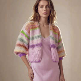 现货 秋冬跨境欧美外贸新款手工编织彩虹条纹针织毛衣外套sweater