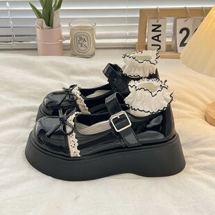 Japanese-Style Cute Bow Lace Lolita Shoes New Versatile Round-Toe Thick-Soled Mary Jane Small Leather Shoes