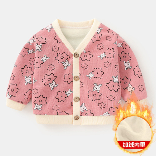 Baby cardigan for winter: Kids' clothing, knitted boys' thickened winter wear, girls' fleece-lined children's apparel, and infant autumn/winter outerwear