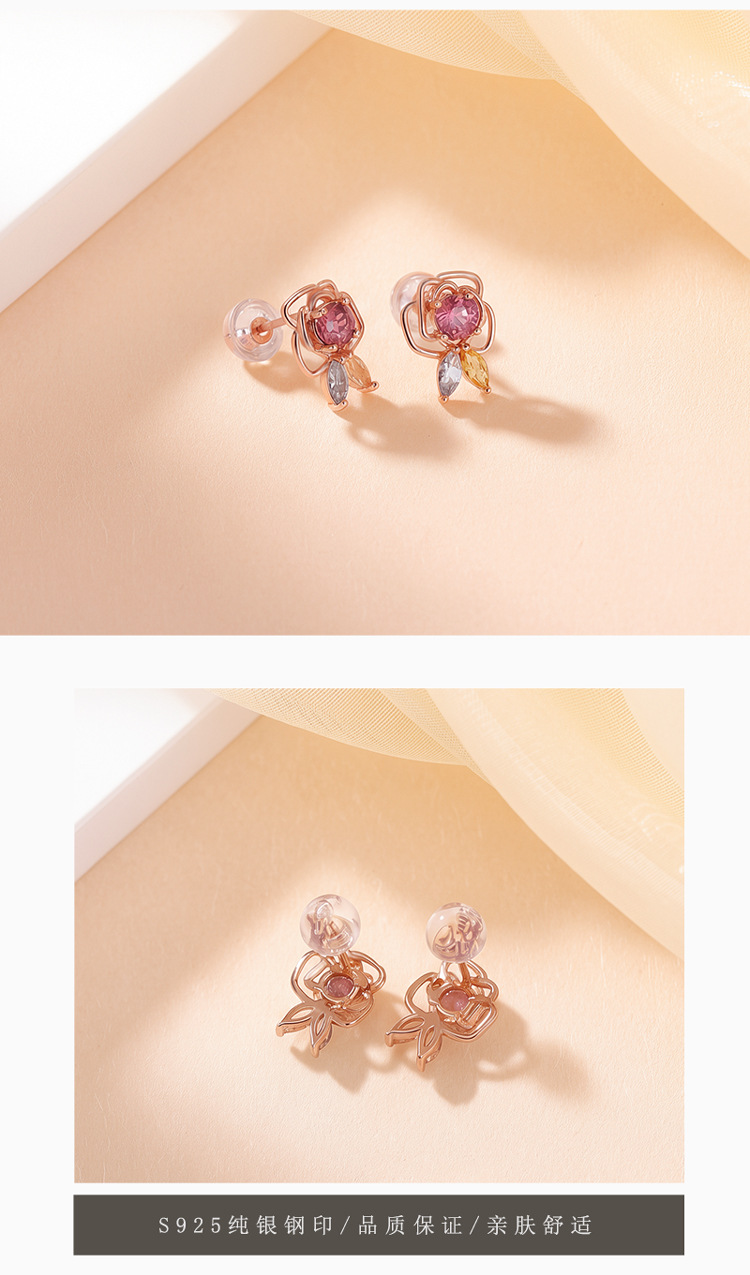 Bông tai bạc S925 mạ vàng hồng đính đá tourmaline hình hoa hồng nhỏ xinh — Một đôi chi tiết 5