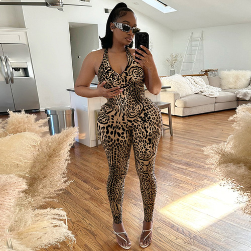 D25JP177 European Women's Sexy Leopard Print Sleeveless Backless Tight Legging Bodysuit