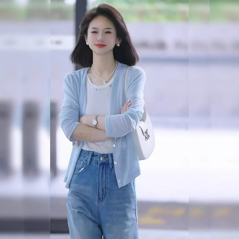 Blue Ice Silk Thin Air Conditioning Shirt Sun Protection Knitted Cardigan for Women Summer