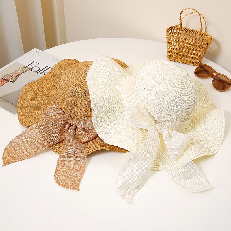 2025 Sombrero de playa Sombrero de paja de ala grande Sombrero de playa de protección solar de vacaciones de verano para mujer Sombrero de sol Sombrero de paja Sombrero de lazo