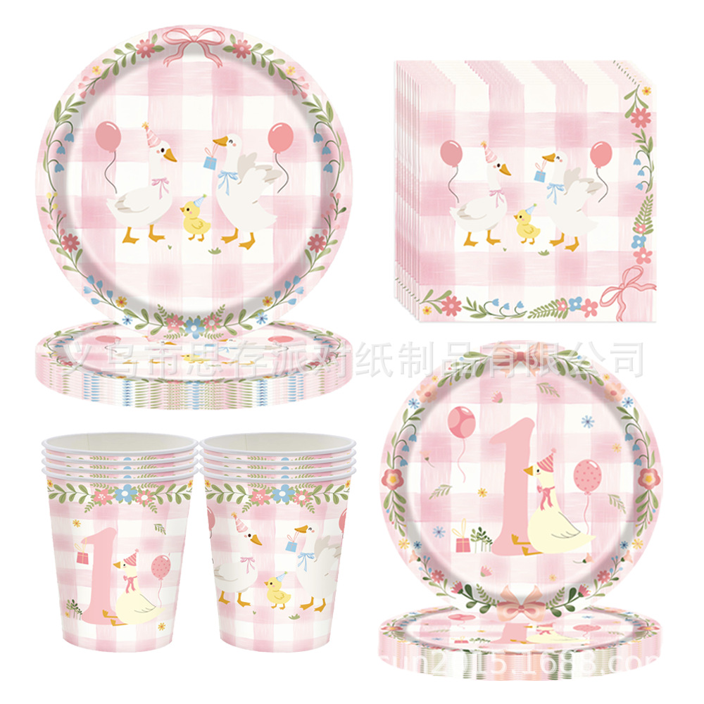 Cross-Border Pink Goose Theme Party Decoration Kidsren's Birthday Party Plate Paper Cup Tissue Disposable Supplies