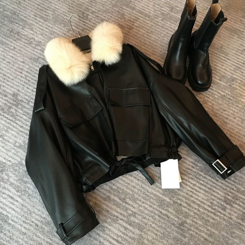 2025秋冬新品加绒加厚皮衣短款可拆兔毛毛领夹克外套保暖棉服女潮|undefined