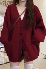 红色新年过年战袍复古领针织开衫女春冬季宽松慵懒风毛衣外套潮