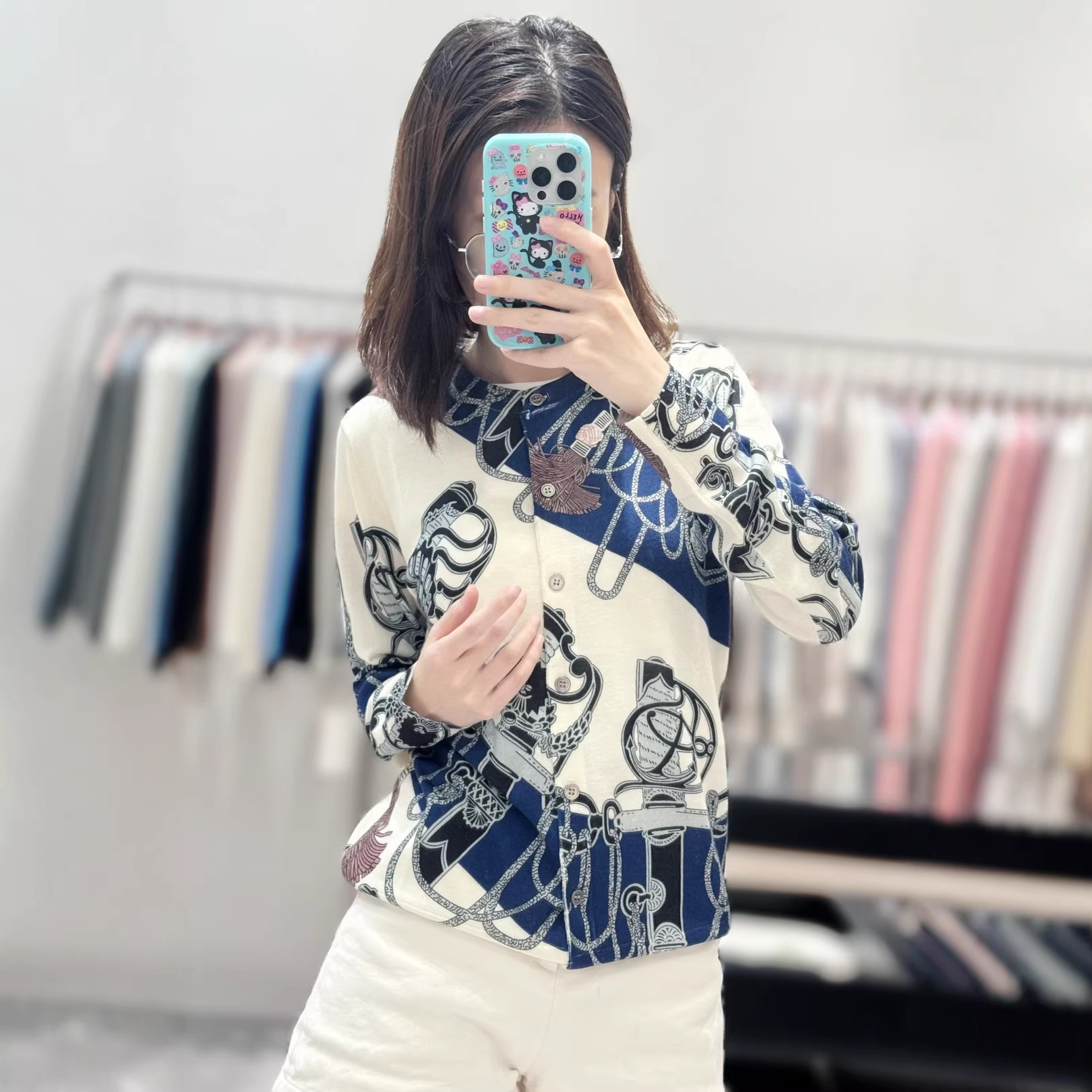 Hermès Ultra-Fine Merino Wool Fashion Positioning Printed Knitted Cardigan Fashionable Wear for Early Autumn