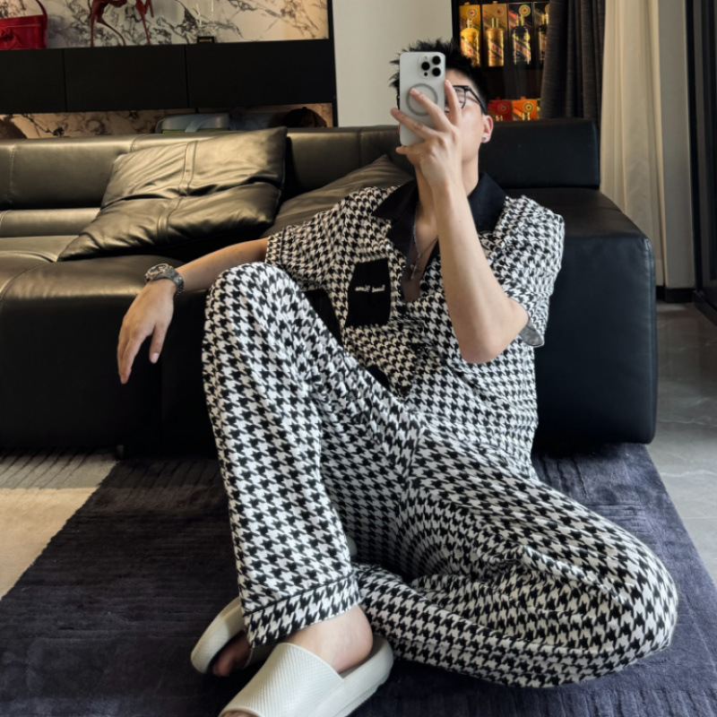 Summer and Autumn Cool Black and White Houndstooth Cardigan Short-Sleeved Long Pants Pajama Set for Men and Women Jj-96089