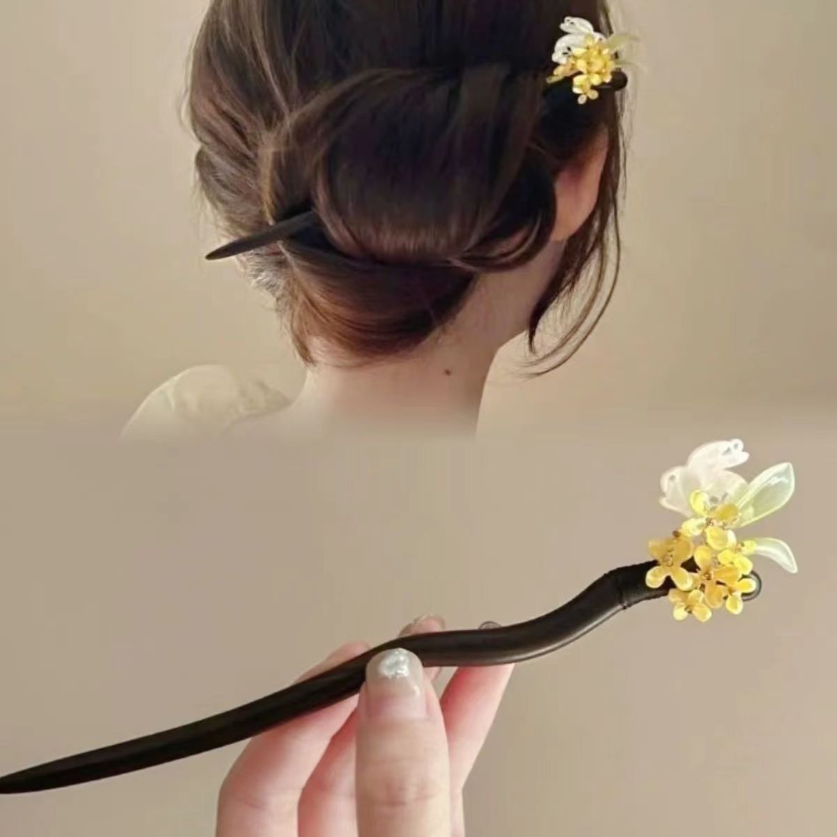 国风桂花兔实木发簪古风汉服栀子花盘发簪子发饰盘丸子头木簪头饰-阿里巴巴