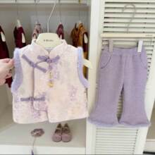 紫色套装年服洋气马甲夹棉+加绒裤子新年两件套宝宝国风过年衣服
