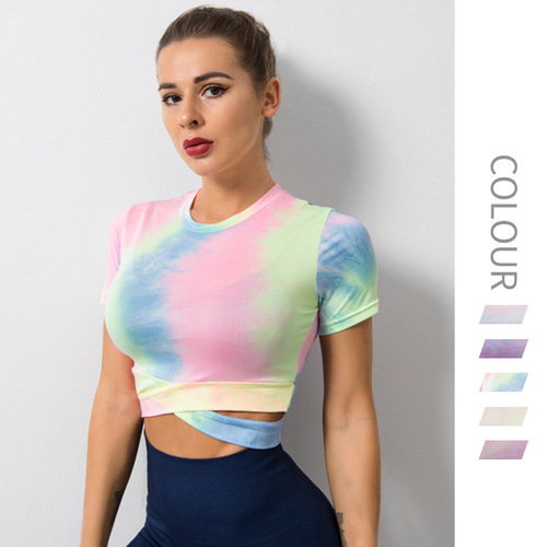Dyeing Print Quick-Dry Yoga Clothes Western Plus Size Fitness Top Bralette Short-Sleeve Sports T-Shirt 1rd720