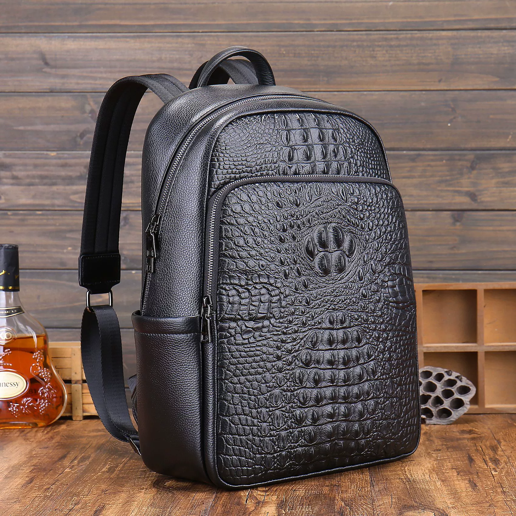 (Cross-border trading), leather backpack, laptop, crocodile print, genuine leather, cowhide
