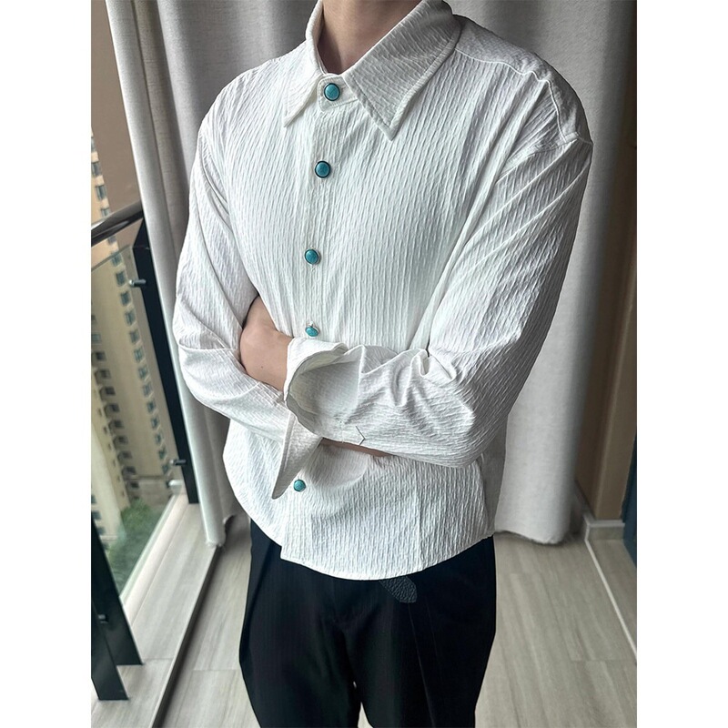 Turquoise textured pleated long-sleeve shirt for men, cleanfit old money style, "Tears of the Ocean" loose versatile jacket Turquoise textured pleated long-sleeve shirt for men, cleanfit old money style, "Tears of the Ocean" loose versatile jacket