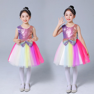 Children girls toddlers rainbow sequins jazz dance dress princess show costumes pageant tutu skirts girl fluffy dance choir outfits for kids