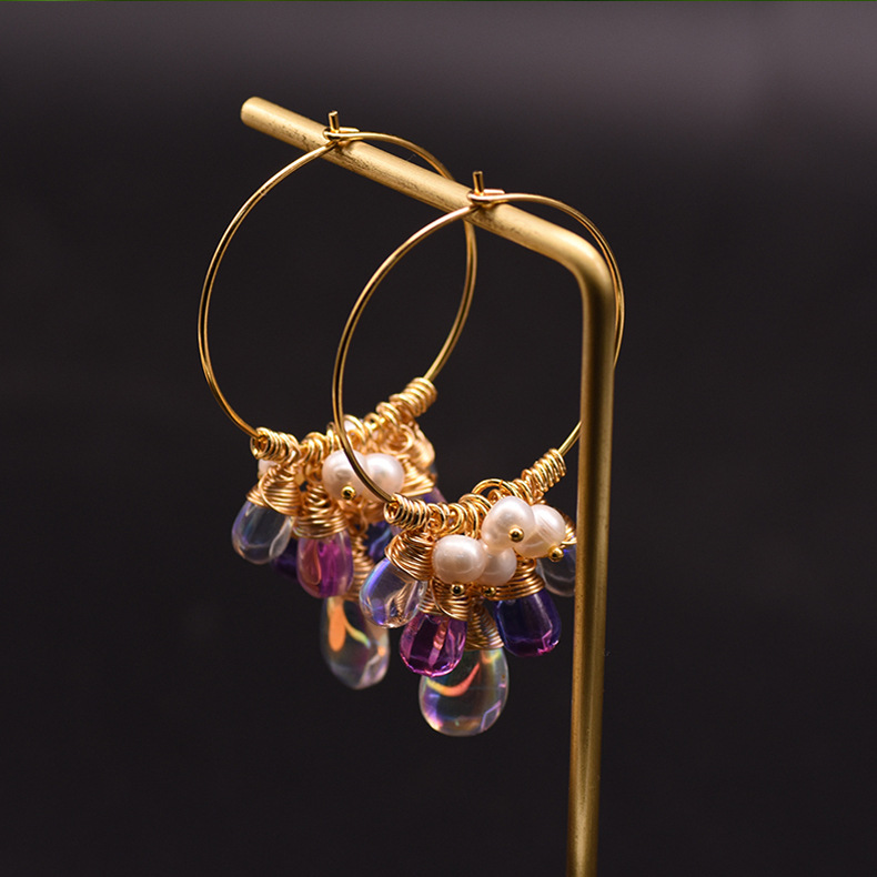 18K Gold Plated Plating Material Artificial Crystal Inlay Material 1 Pair 18K Gold Plated Freshwater Pearl Copper Artificial Crystal Freshwater Pearl Earrings Circle Earrings