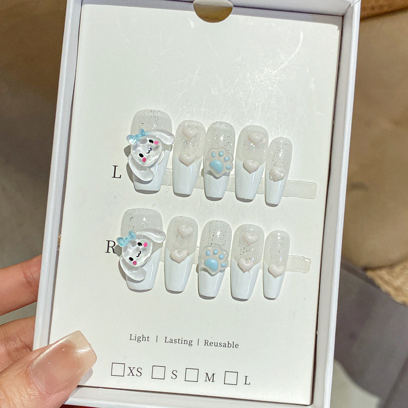 浮雕可爱卡通蓝色玉桂狗美甲贴片冰透甜美显白款成品纯手工穿戴甲|undefined