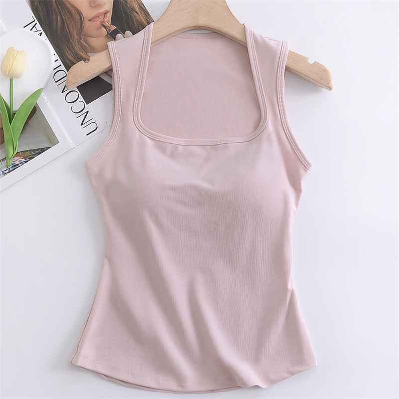 Chest Pad One-piece No-wear Bra Sleeveless Wide Shoulder Strap Vest Women's Summer Cool Square Neck Solid Color Casual High-elastic Top