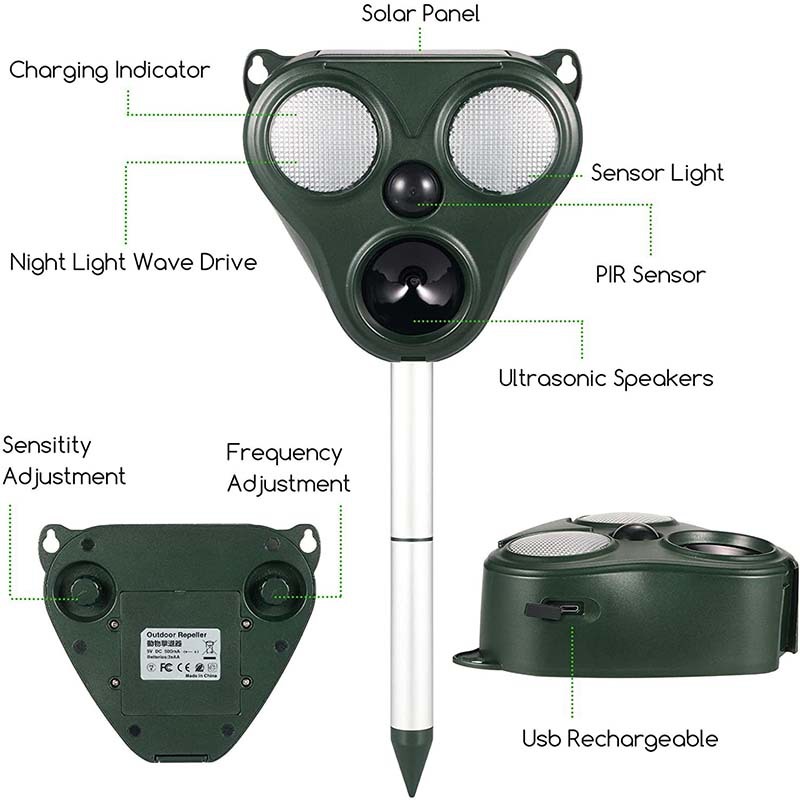 Transfronterizo caliente ratón ultrasónico repelente al aire libre de alta potencia repelente de aves repelente de perros solar repelente de animales