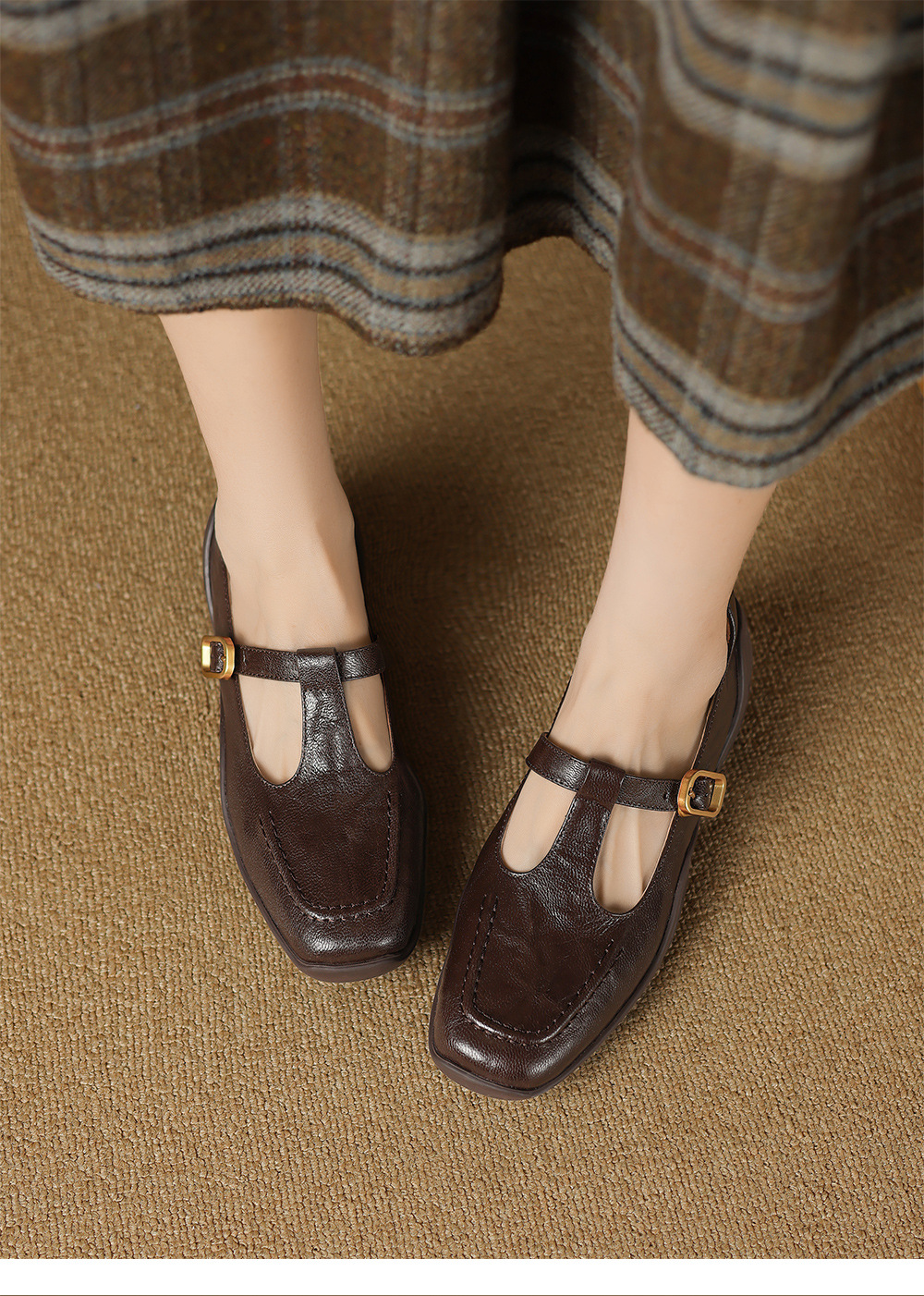 Giày sandal nữ quai ngang mũi nhọn đế dày da cừu buộc dây — màu nâu chi tiết 14